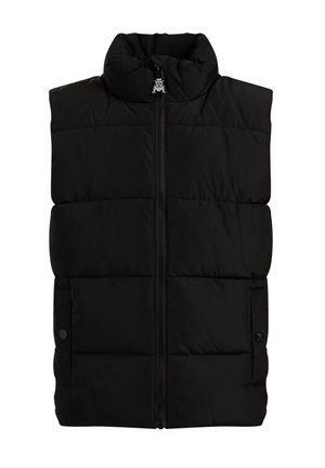Sort polstret ærmeløs vest med høj krave, lynlås foran og sidelommer med knappelukning.