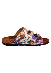 Floral-patterned slide sandals featuring a low-profile design with three wide straps, a brown suede footbed, and a textured black rubber sole.