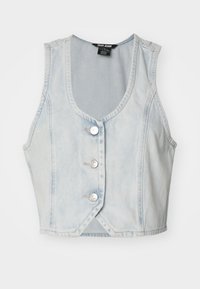 Lyseblå denim med ermene kåpe med V-hals, fem sølvknapper og sydd detaljering langs kantene. Kuttet design.