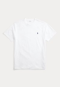 Biele tričko s krátkym rukávom a okrúhlym výstrihom s malým tmavomodrým logom koníka Polo Ralph Lauren na ľavej strane hrudníka.