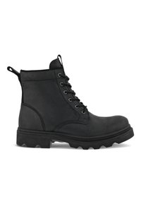 Bottine noire en cuir avec un bout rond, fermeture à lacets à l'avant, talon robuste et semelle texturée pour une bonne adhérence. Comprend une languette sur le col.