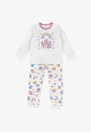 Weiße Kinderpyjamas mit einem pastellfarbenen Schloss und Regenbogen oben, kombiniert mit Hosen mit Stern-, Mond-, Einhorn- und Regenbogenmuster.