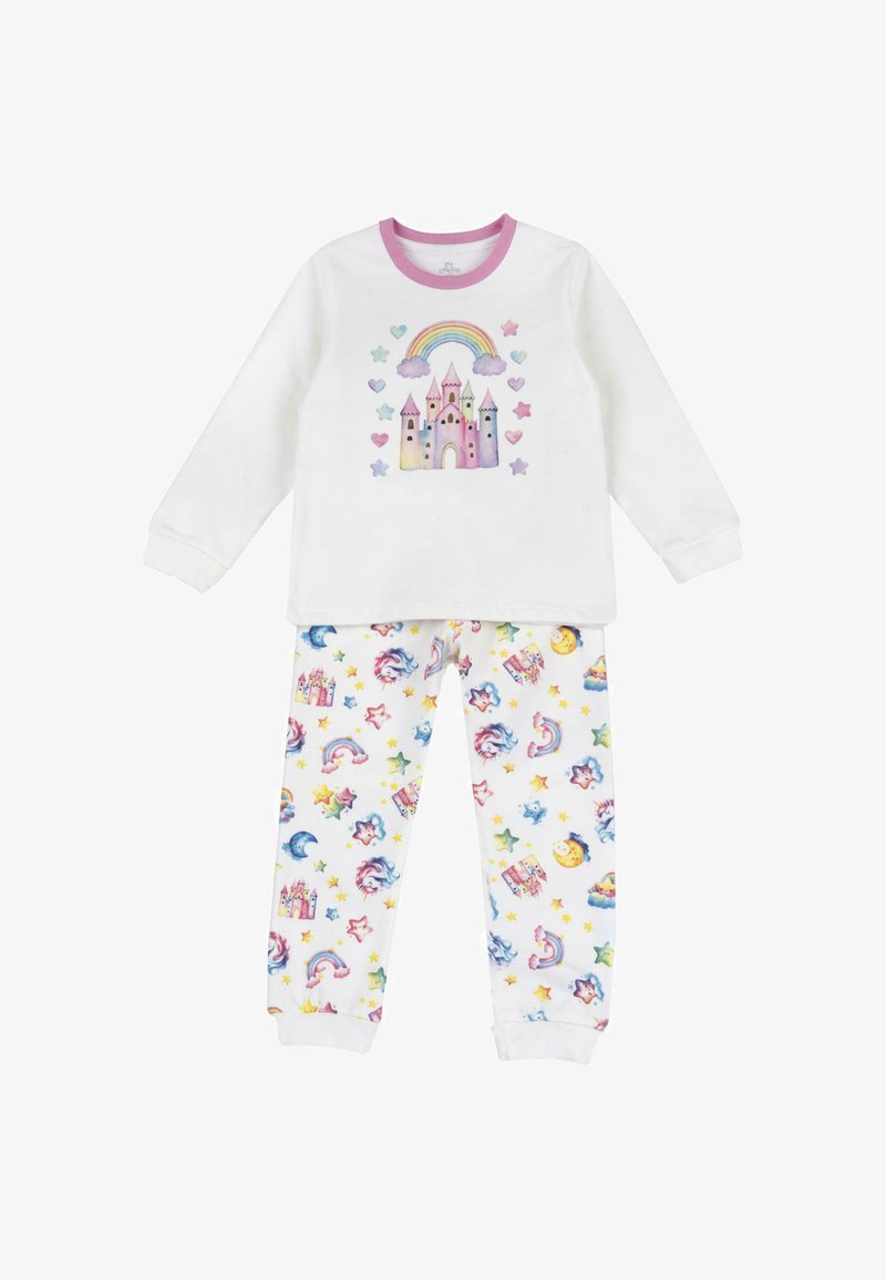 Pyjama blanc pour enfants avec un château pastel et un arc-en-ciel en haut, associé à un pantalon à motifs étoiles, lune, licorne et arc-en-ciel.