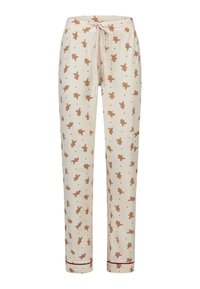 Kremowe spodnie od piżamy z wzorem piernikowych ciasteczek, ściągaczem w pasie i czerwonym akcentem na dole; wykonane z miękkiego, lekkiego materiału.