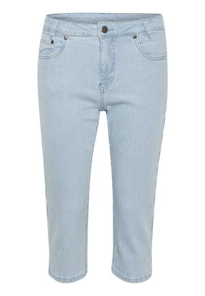 Pantaloni capri a righe blu e bianche realizzati in denim, con cinque tasche, chiusura con bottone e orli rifiniti.