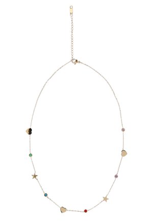 Finom ezüst lánc nyaklánc, váltakozó arany szív, csillag és kis színes drágakő díszekkel, rákfogó kapoccsal és hosszabbító lánccal.