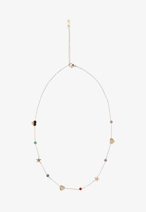 Fijne zilveren ketting met afwisselend gouden hartjes, sterren en kleine kleurrijke edelsteenhangers, voorzien van een karabijnsluiting en verlengketting.