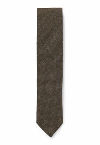 Brown herringbone tie made from textured fabric with a narrow shape, featuring a pointed tip and intricate woven pattern.