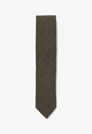 Brown herringbone Krawatte aus strukturiertem Stoff mit schmaler Form, ausgestattet mit einer spitzen Spitze und einem komplexen gewebten Muster.