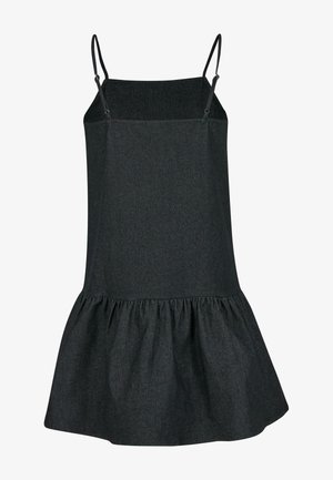 Robe en denim noir avec des bretelles spaghetti ajustables, un buste structuré et un ourlet évasé à volants au bas.