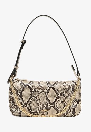 Schoudertas met beige en bruin slangenprint, gouden kettingdetail, verstelbare zwarte riem en "LOREDI" logo aan de voorkant.