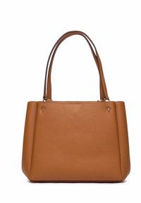 Borsa tote in pelle tan con due manici marroni, forma rettangolare, texture liscia e design minimalista, caratterizzata da sottili accenti metallici.