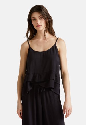 Top nero senza maniche con orlo arricciato, realizzato in tessuto leggero. Dotato di spalline sottili e vestibilità comoda, adatto per un abbigliamento casual.