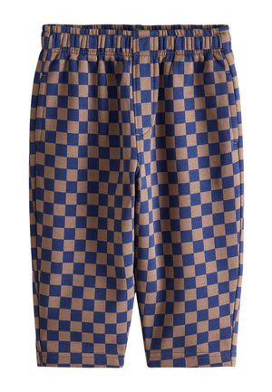 Blå og brune ternede shorts med elastisk talje og sidelommer, designet til afslappet brug.