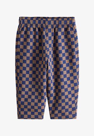 Blå og brune ternede shorts med elastisk talje og sidelommer, designet til afslappet brug.