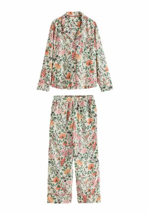 Long-sleeve button-up pajama top and elastic waist pants with pink, orange, and green floral pattern on white background.