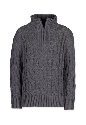 Mørkegrå strikket sweater med kabelmønster, ribkanter ved ærmer og kant samt en kort lynlås ved den høje krave.