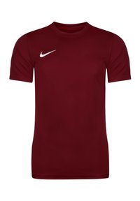 Maroon short-sleeve Nike t-shirt in smooth fabric. Features white Nike swoosh logo on the left chest. Classic crew neck design.