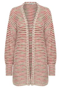 Stickad cardigan med vertikala ränder i röd, beige och krämfärgad. Öppen framdesign med ribbade ärmslut och texturerad garn.