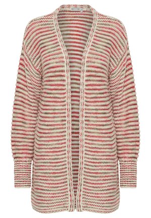 Gebreid vest met verticale strepen in rood, beige en crème. Open voorkant ontwerp met geribde manchetten en textuurgaren.