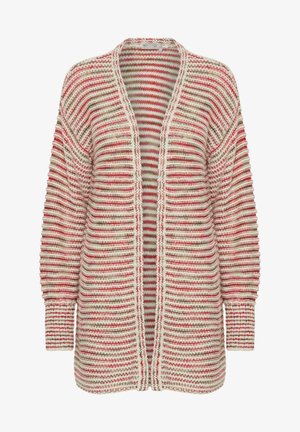 Gebreid vest met verticale strepen in rood, beige en crème. Open voorkant ontwerp met geribde manchetten en textuurgaren.