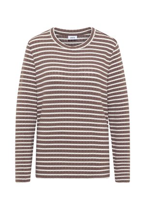 Brun- och cremefärgad randig tröja med ribbad struktur, rund halsringning, långa ärmar, med jämnt fördelade ränder i alternerande färger.