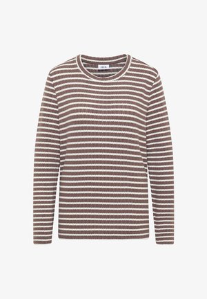 Brown and cream striped sweater, ribbed texture, round neckline, long sleeves, with even stripes in alternating colors.