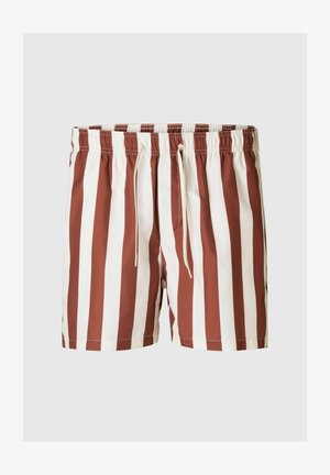 Maillots de bain pour hommes avec des rayures verticales marron et blanches, fabriqués à partir d'un matériau léger, dotés d'une taille élastique et d'un cordon de serrage.