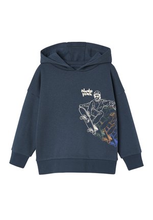 Marineblaue Sweatshirt mit einer Kordelzugkapuze, die auf der linken Seite eine Skateboard-Grafik in Weiß und bunten Umrissen zeigt.