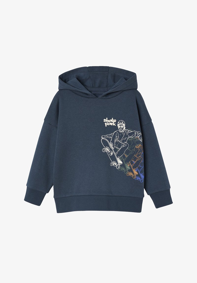 Marineblaue Sweatshirt mit einer Kordelzugkapuze, die auf der linken Seite eine Skateboard-Grafik in Weiß und bunten Umrissen zeigt.