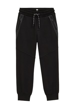 Pantalon de jogging noir avec taille élastique, cordon noir et blanc, poches zippées en biais et bords-côtes aux chevilles.