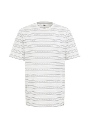 Witte T-shirt met korte mouwen, voorzien van horizontale zwarte strepen en een gestructureerd patroon. Ronde halslijn, relaxte pasvorm, van katoen.