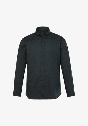 Camicia a maniche lunghe verde scuro con colletto a bottoni, pattern testurizzato sottile e taschino sul petto. Presenta bottoni blu navy e una vestibilità strutturata.
