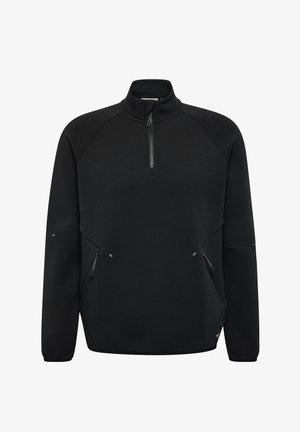 Zwarte pullover sweatshirt met een halve rits kraag, raglanmouwen, zijzakken met rits en subtiele reflecterende accenten op de schouders.