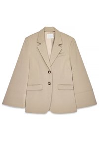 Beige blazer med sjalskrave, to frontlommer med klap og to messingknapper. Har et struktureret design og en glat stofoverflade.