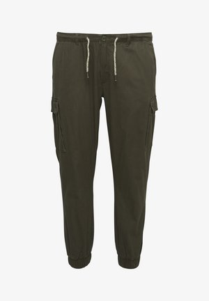 Pantaloni cargo verde oliva con polsini elasticizzati, vita con cordino e più tasche laterali per la praticità. Realizzati in tessuto leggero.