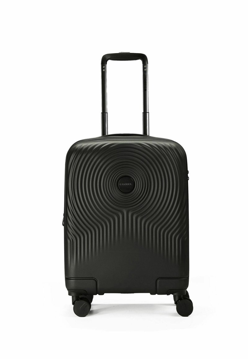 Schwarzer Hartschalenkoffer mit einer wellenförmigen Textur, ausziehbarem Griff und vier Rädern für Mobilität. Mit Reißverschlussverschluss oben.