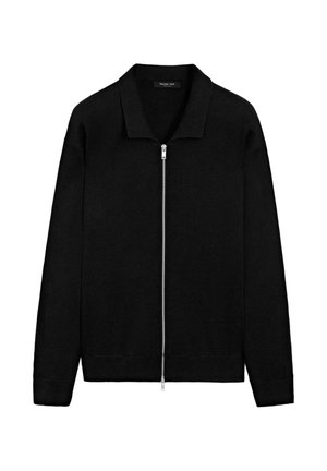 Sort langærmet zip-up sweater med krave, ribbede manchetter og kant, lagt fladt mod en hvid baggrund.
