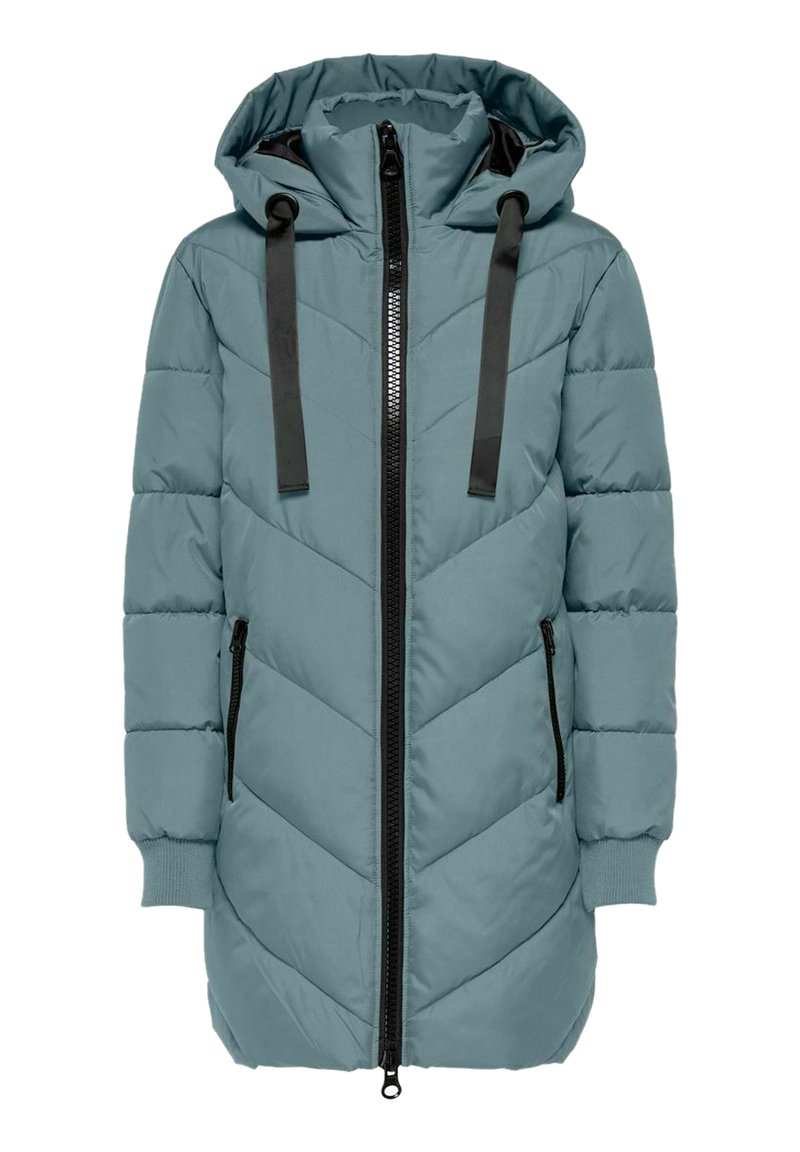 Manteau long matelassé en teal, avec une fermeture éclair à l'avant, un motif en chevrons, une capuche avec cordons de serrage et deux poches latérales zippées.