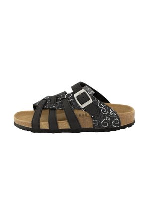 Sandalo nero con punta aperta con molteplici cinturini, motivo decorativo a pois bianchi, fibbia argento, sottopiede in sughero e suola nera texturizzata.