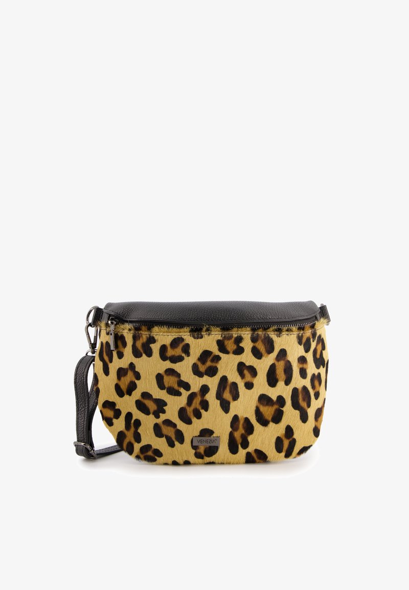 Leopard print pouchbag, featuring a black leather top, zip closure, and detachable strap, with a soft texture and structured design.