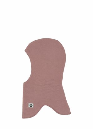 Bonnet d'hiver style cagoule rose pâle avec une petite étiquette rectangulaire près du bord inférieur sur fond blanc.