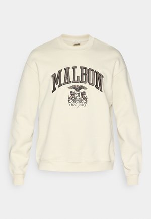 Cream-colored sweatshirt with ribbed cuffs and waistband. Features "MALBON" text in dark lettering and an intricate graphic design below.