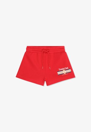 Rode elastische short met tailleband, trekkoord en "Tennis Club"-logo met strepen en een tennisbal op het rechterbeen.
