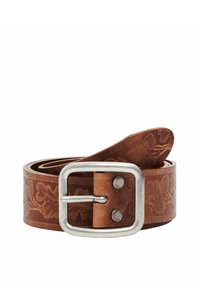 Ceinture en cuir marron avec un motif floral gaufré, boucle en métal argenté et texture lisse. Le design comprend une sangle plate et une extrémité effilée.