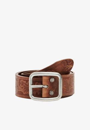Cintura in pelle marrone con motivo floreale in rilievo, fibbia in metallo argentato e una superficie liscia. Il design presenta una cintura piatta e una punta affusolata.