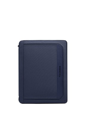 Custodia rettangolare per tablet o laptop blu navy con pannello frontale testurizzato e chiusura con zip sul lato sinistro.