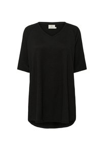T-shirt nera con scollo a V realizzata in tessuto testurizzato, con maniche corte e orlo leggermente curvato. Sul davanti �è presente un'etichetta con il marchio "KAFFE".