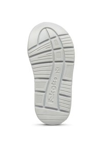 Suola di scarpa in gomma bianca con treads testurizzati, scanalature marcate e logo del marchio. Forma arrotondata con pattern di presa strutturati.