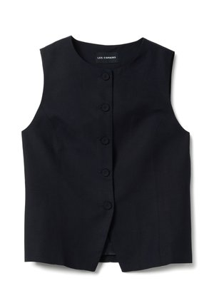 Chaleco negro sin mangas con botones, cuello redondo y corte entallado, con la etiqueta "LES COPAINS" en el interior del cuello.